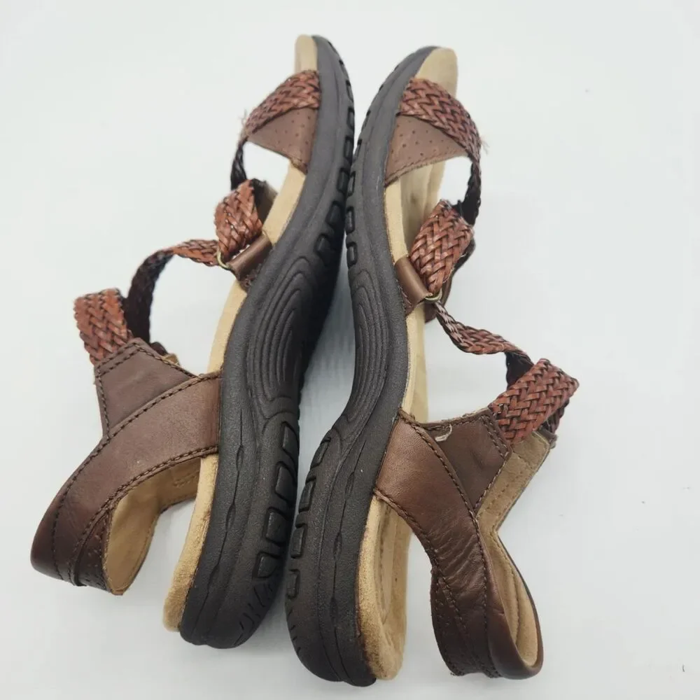 Earth Origins Stella Brown Braided Leather Slingback Sandals Womens 7 Adjustable